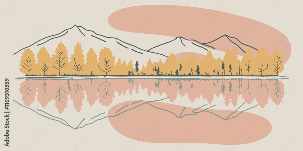 Poster Natures Reflection The lake mirrors the towering mountains and lush greenery surrounding it. The surface of the water is like glass perfectly reflecting the vibrant colors of