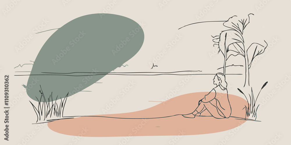 Poster Natures Soundscape The scene captures the stillness of the moment with the only sounds being the soft lapping of the water against the shore and the distant call of birds. The