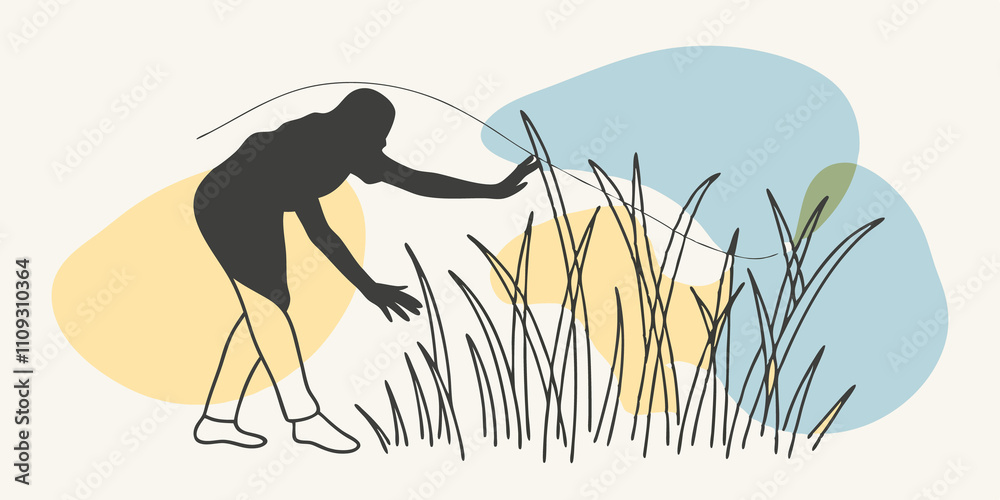 Aufkleber natures touch a silhouette of a person is captured midstep with hands outstretched towards the rippl