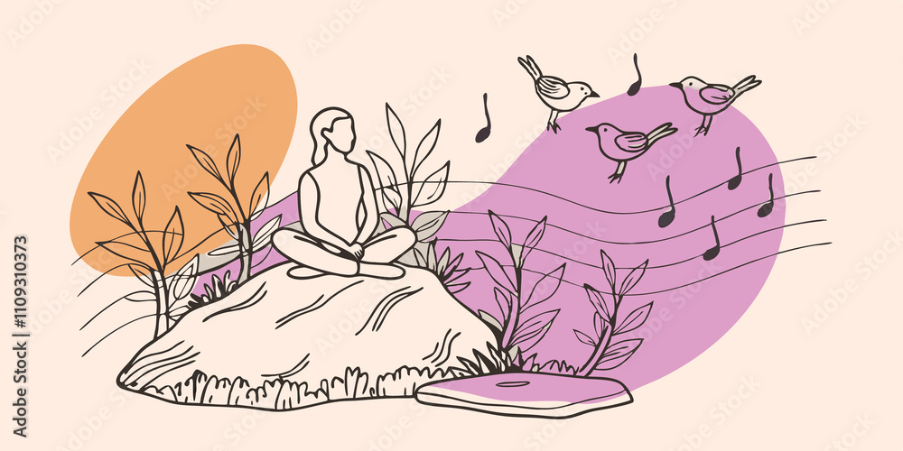 Poster natures symphony the person sits on a mosscovered rock surrounded by the tranquil sounds of nature. 