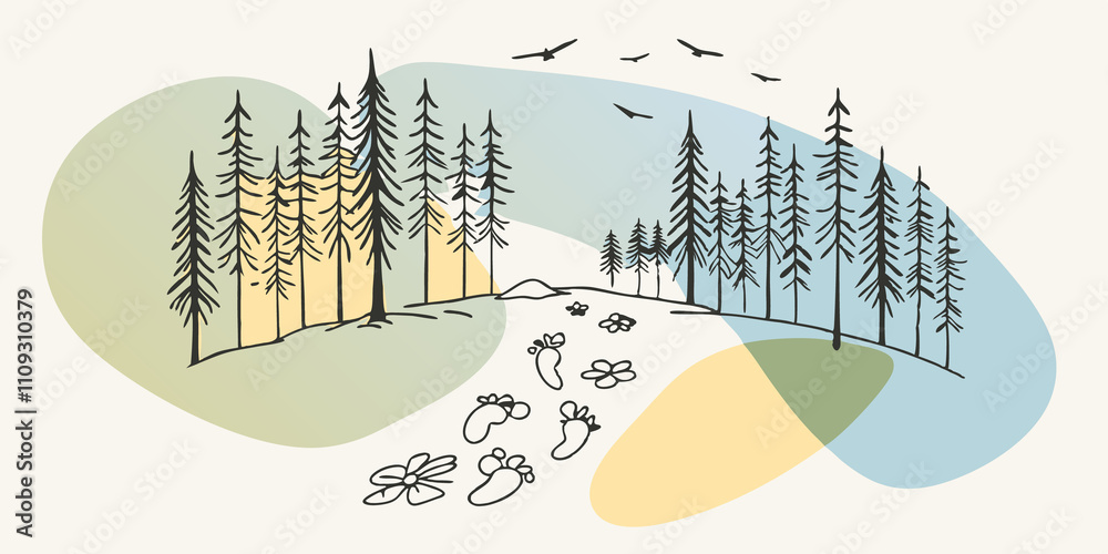 Poster Nature Walk Page An illustration of footprints leading through a forest path with tall trees and birds in the sky. Notes describe the beauty of the sights and sounds of nature with