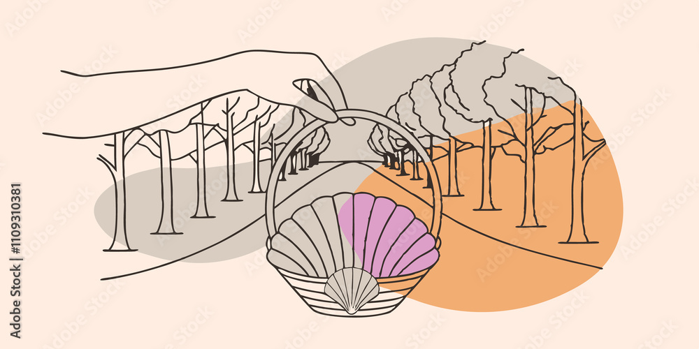 Aufkleber Nature Walk Scene A whimsical view of a hand reaching into the basket pulling out a vibrant shell under a canopy of trees. In the background a serene path winds through a forest