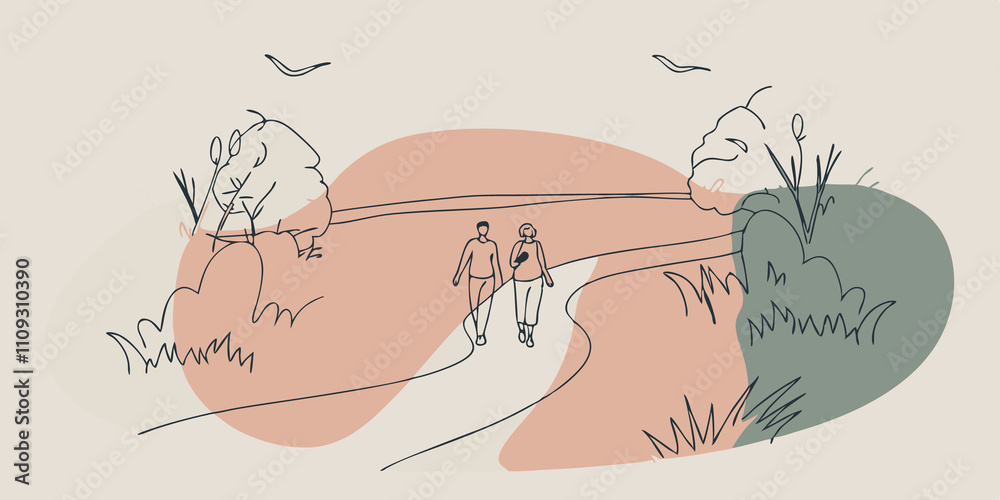 Poster Nature Walks Imagine stepping outside for a nature walk along a winding trail that disappears into the greenery. Birds can be heard chirping in the distance and a nearby stream can