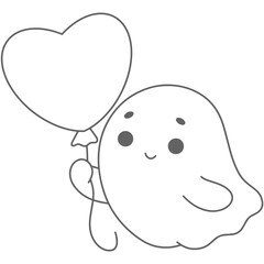 Valentine Cute Ghost Holding a Heart Balloon Illustration in Outline Style