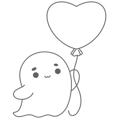 Valentine Cute Ghost Holding a Heart Balloon Illustration in Outline Style