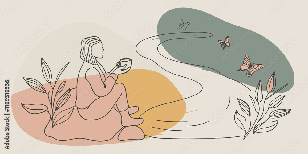 Aufkleber Peaceful Escape Sitting on a log a figure enjoys herbal tea cradling the mug with both hands. The mountain stream flows lazily beside them while butterflies flutter in the warm