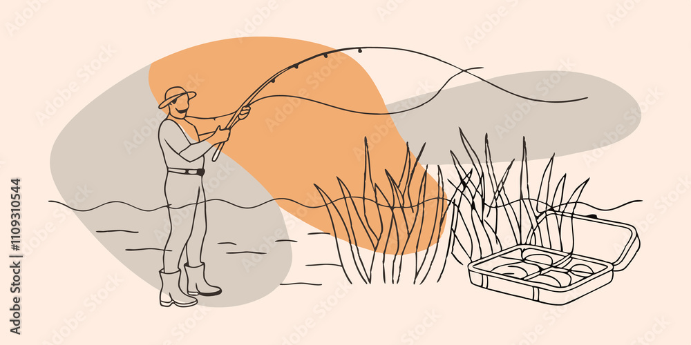 Poster Peaceful Casting The angler stands on the shore casting a fishing line with smooth precision. Their face is calm and content a gentle breeze ruffling their hair. Nearby a small
