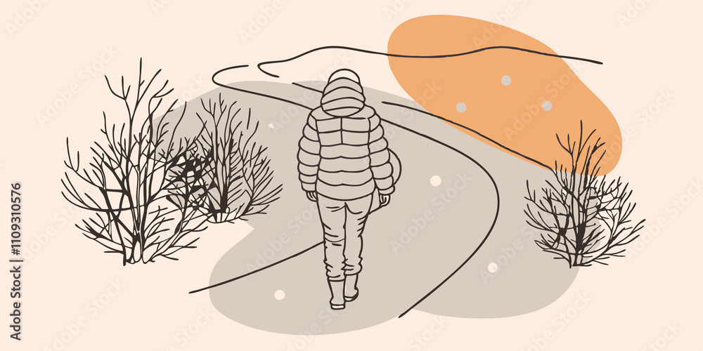 Aufkleber path of peace a figure cloaked in a puffer jacket walks with a sense of calm along a snowy lane bord