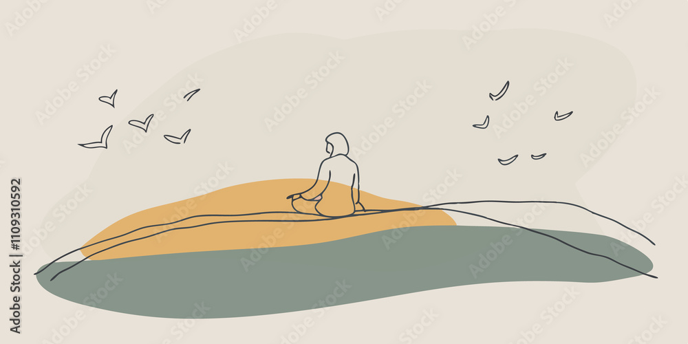 Poster Peaceful Solitude A solitary figure sits atop the hill enveloped in silence. They observe the clouds drift slowly their mind wandering as they listen to the distant sound of