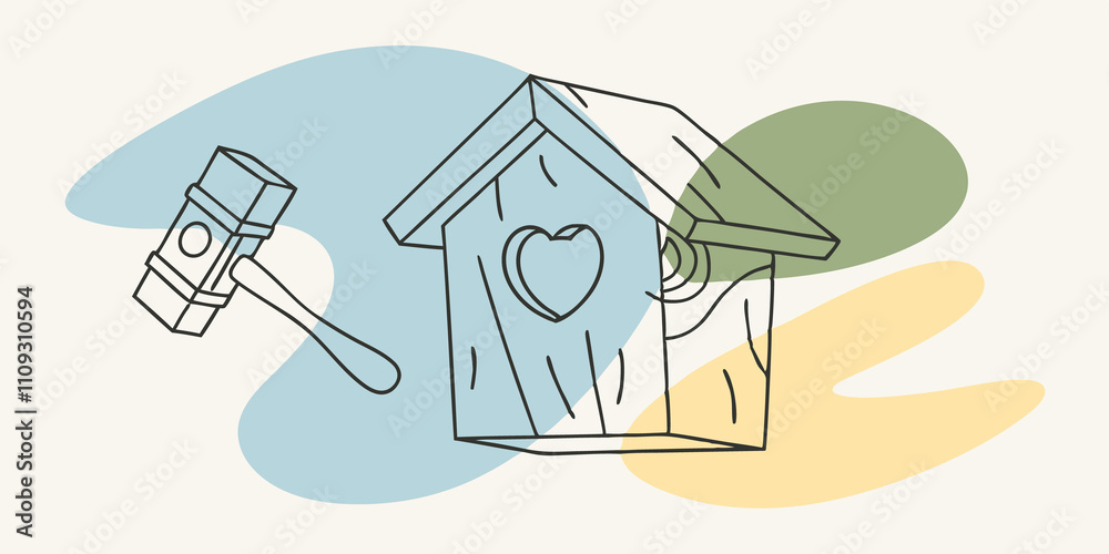 Poster Personalizing Details The DIYer joyfully paints a small heart on the side of the birdhouse. A palette of paint splatters surrounds them revealing their colorful creative process