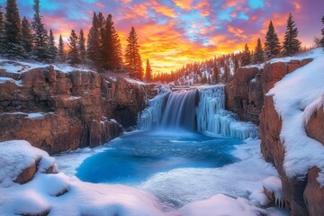 Frozen Waterfall in Colorado Pine Tree Wonderland at Sunrise. AI generated illustration