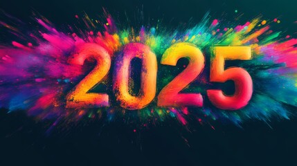 A powerful and vivid multicolored splash forming the numerals 2025, symbolizing hope, transformation, and new beginnings through a visionary colorful theme.