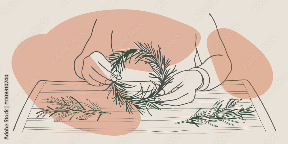 Aufkleber Preparing the Base Seated at a rustic wooden table the person arranges sy branches into a circular shape creating the base for the wreath. Their hands gently intertwine the