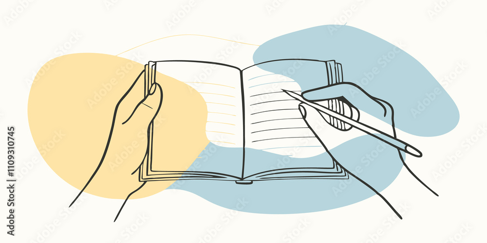 Poster quiet concentration a closeup of a persons hands as they write in an open journal perched on their k