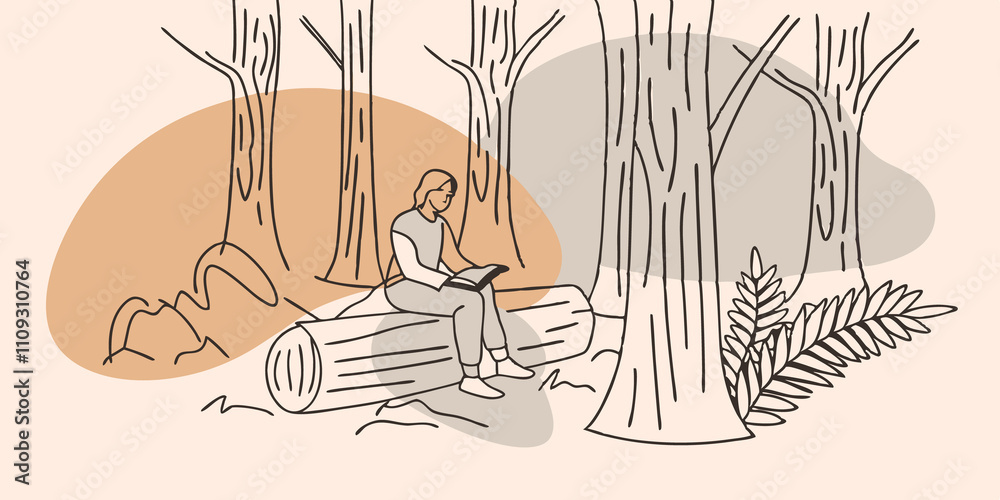 Poster quiet forest glade a person sits on a fallen log in a lush forest skimming their pencil across a ske