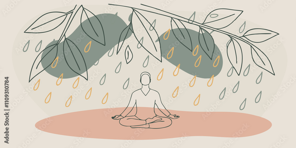 Poster Quiet Contemplation A person sits crosslegged on a grassy patch gazing upwards with a look of serenity. Above them vibrant green leaves drape low dotted with glistening raindrops.