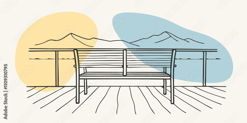 Aufkleber Quiet Reflection A single bench on the deck provides the perfect vantage point to sit and reflect. The tranquil scene captures the essence of solitude with the distant mountains