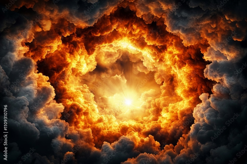 Poster A dynamic image of bright sunlight piercing through layered storm clouds, creating radiant beams of light