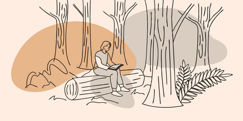 Quiet Forest Glade A person sits on a fallen log in a lush forest skimming their pencil across a sketchbook as they study the dappled light filtering through the leaves. The