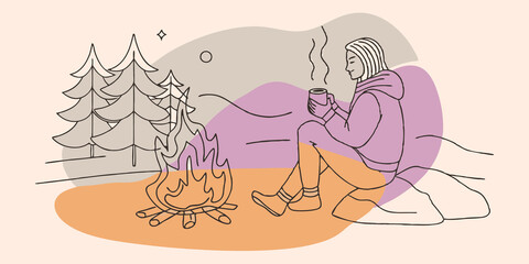 Quiet Reflection A single figure sits on a stone beside the campfire looking thoughtfully into the flames. They hold a thermos in one hand and a gentle steam rises as they pour a