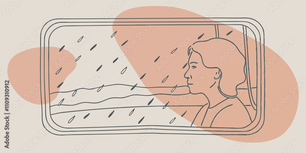 Poster Reflection and Thoughtfulness A side view of the person looking out the window their expression thoughtful. The raindrops create a soft barrier allowing their imagination to wander