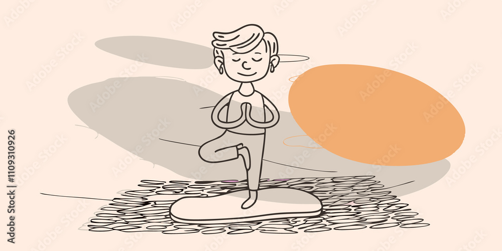 Poster Reflection in Movement A figure is illustrated pausing midwalk one foot raised slightly above the ground with eyes closed and a smile. The pebbles glisten in the sunlight and the