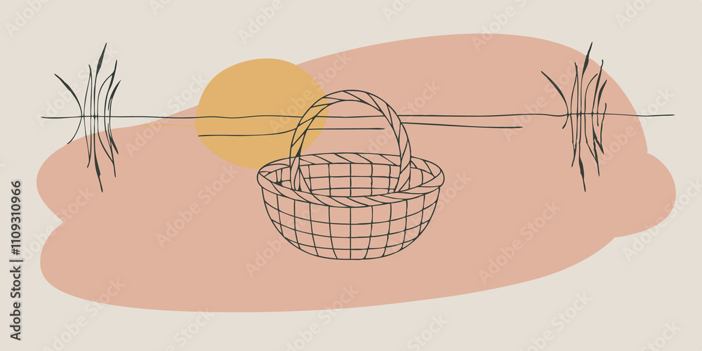 Poster Reflections of Mindfulness An illustration of a reflective scene where the basket sits near a calm body of water. The water mirrors the contents of the basket creating a sense of