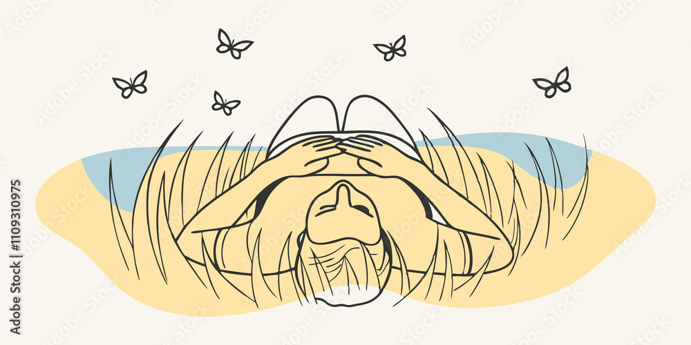 Poster Reflective Moment A person lying on their back in the meadow staring up at the sky with their hands p gently on their stomach visibly rising and falling with each deep breath as