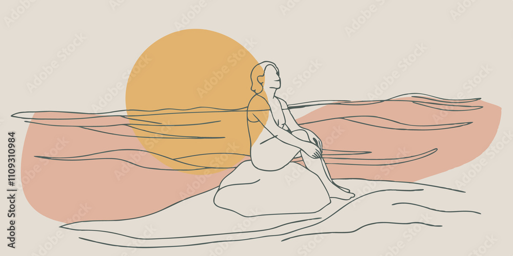 Aufkleber Reflective Posture A person perched on a smooth rock at the beach leaning slightly forward with hands resting on their knees. The warm sun casts a golden hue on their face while