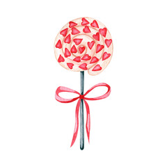 Valentine's day watercolor hand drawn lollipop with hearts and bow isolated on white background. Cute illustration for valentine's day cards. Holiday sweet. Love, heart, bow