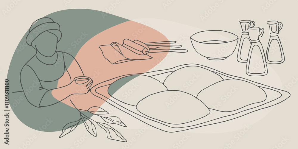 Poster rising the dough the loaves covered with a clean cloth rest in the warm sun while the baker enjoys a