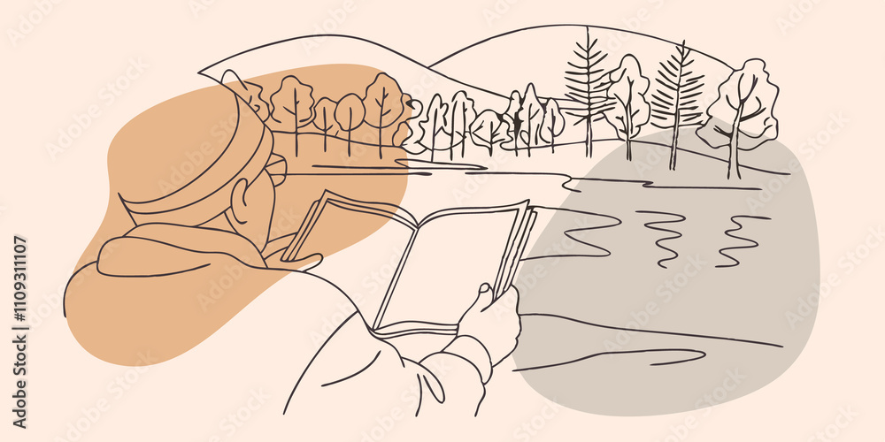 Aufkleber riverbank reflection by the banks of a gently flowing river a figure leans over their sketchbook cap