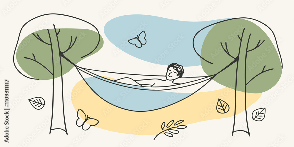 Aufkleber Relaxing Retreat A hammock can be seen hanging between two trees nearby while the person enjoys their soak in the hot spring. They have a content expression enjoying the