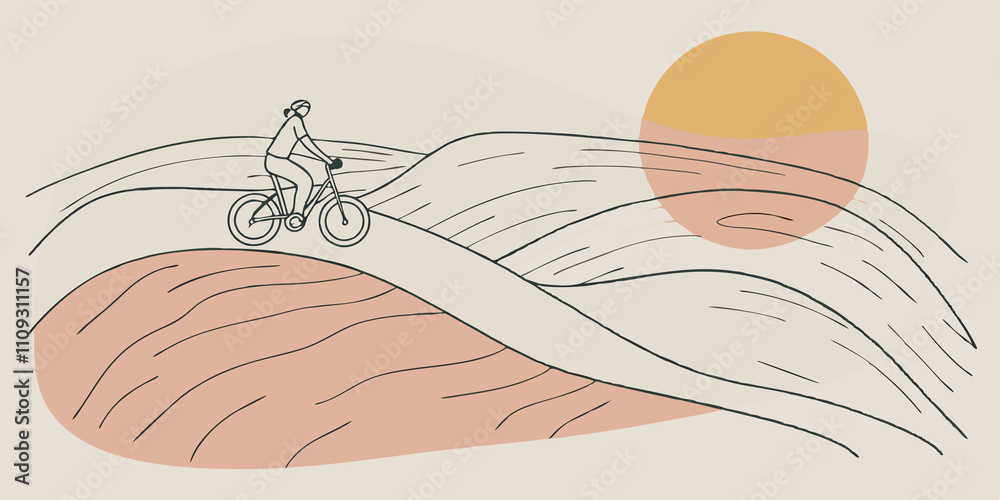Poster rolling hills illustrated on a gentle slope a person rides their bike up a hill with a panoramic vie