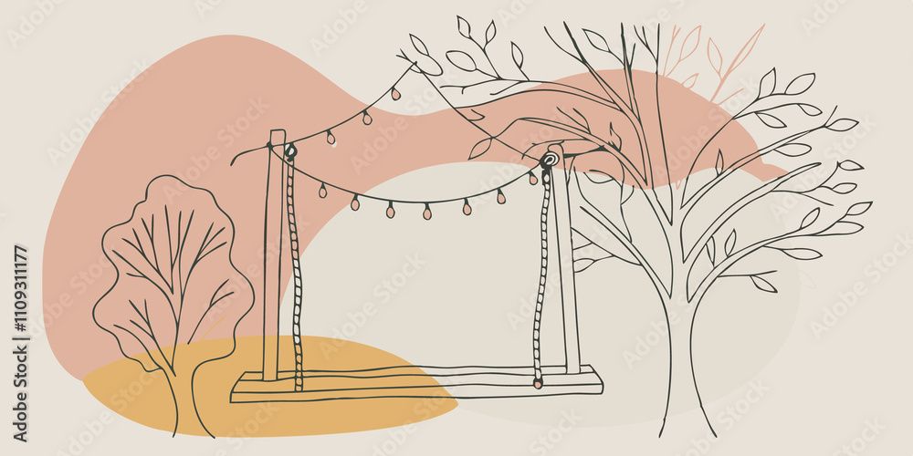 Poster Rustic Vibes A rustic wooden swing hanging from a sy tree draped with ling string lights. The warm light enhances the peacefulness of the surrounding greenery and the tranquility