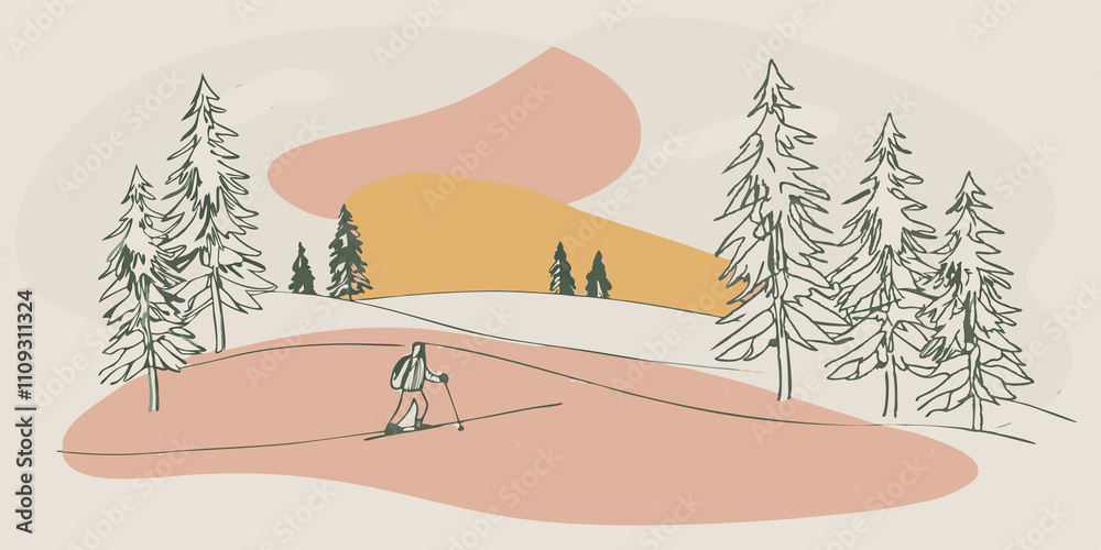 Poster Serene Descent A person in a cozy winter jacket gracefully skiing down a gentle snowy slope. The quiet landscape is filled with tall snowladen trees and soft flurries of snow are