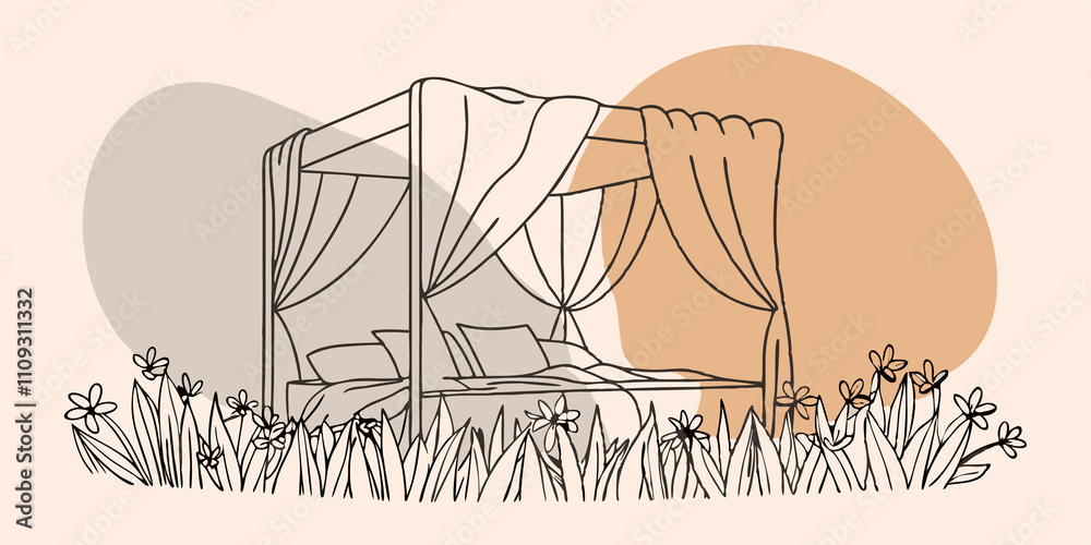 Poster Serene Nature Setting A large open canopy bed with flowing white curtains gently blowing in the breeze. The bed is adorned with soft pillows and a cozy blanket nestled in a lush