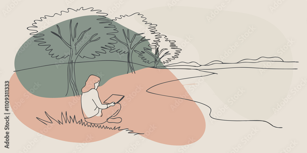 Poster Serene Riverbank A person sits on the grassy banks of a gently flowing river sketchbook in lap. They focus intently on the waters reflections capturing the hues of green trees and