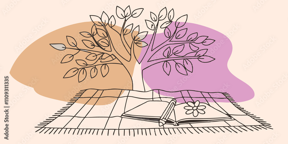Poster Serene Setting A peaceful picnic blanket is spread out under a large tree dappled sunlight filtering through leaves. A sketchbook lies open revealing a halffinished drawing of a