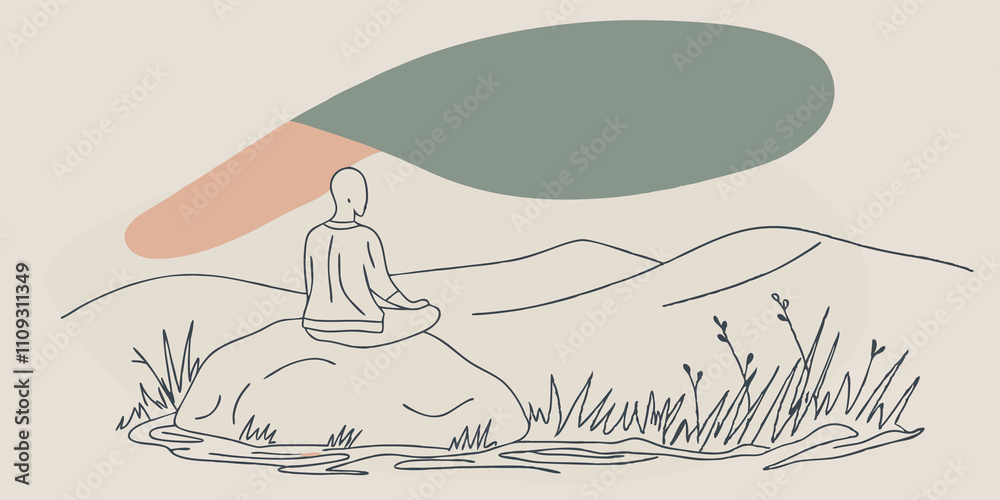 Aufkleber seated in nature a figure sits on a large boulder with a panoramic view of rolling green mountains. 