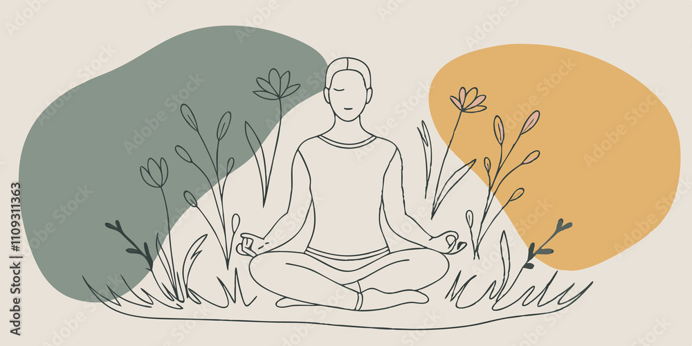 Poster Serene Posture A person seated crosslegged on soft green grass with eyes closed arms resting gently on their knees taking deep calming breaths surrounded by colorful wildflowers