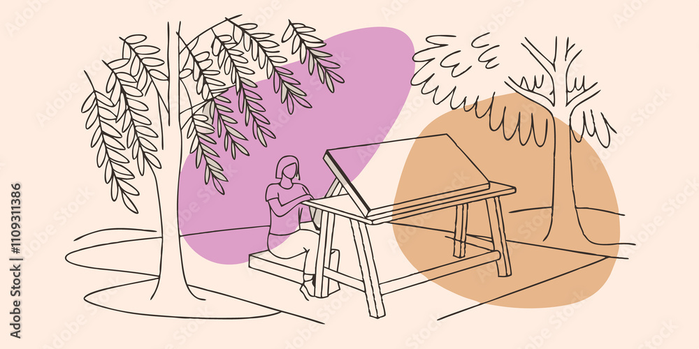 Poster Setting the Scene The individual sits at a rustic wooden table outside with a blank canvas laid out in front. Sunlight filters through the trees casting dappled shadows creating a