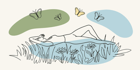 Obraz premium Serene Posture A figure lies relaxed on their back arms stretched out on a bed of vibrant wildflowers. The sun casts a warm glow and delicate butterflies flutter above showcasing