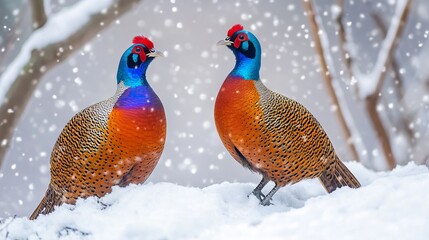 Two golden pheasants with blue heads and red bodies in a winter forest. AI generated illustration