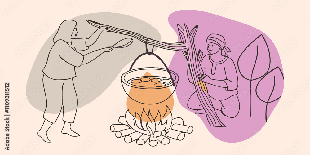 Poster simmering in a pot a rustic pot hanging from a sy branch above the flames with a steaming stew made 