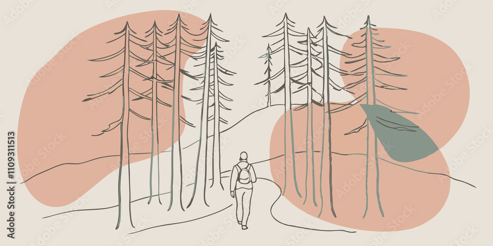 Poster Silhouetted Trees Majestic trees line the hike their sy trunks rising up to meet the sky. The sun casts long shadows creating a peaceful contrast between dark figures and the