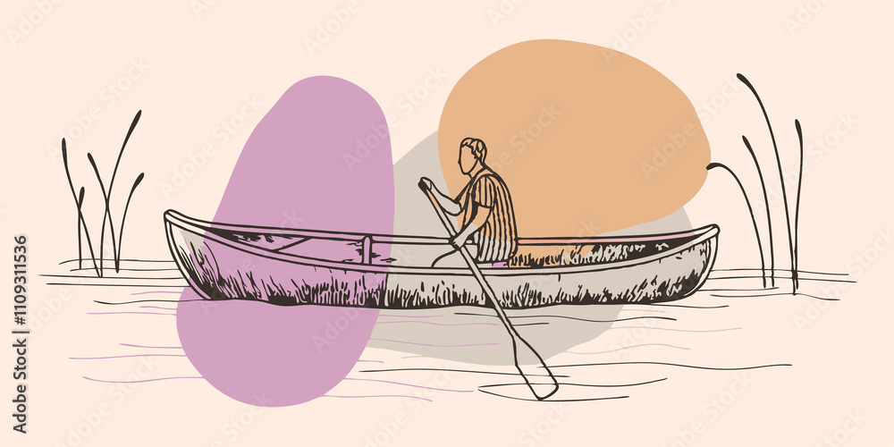 Poster Silhouette Serenity A dark silhouette of a canoe and its paddler stands out against the glowing backdrop of dawn. The lakes surface mirrors the colorful sky embracing the tranquil