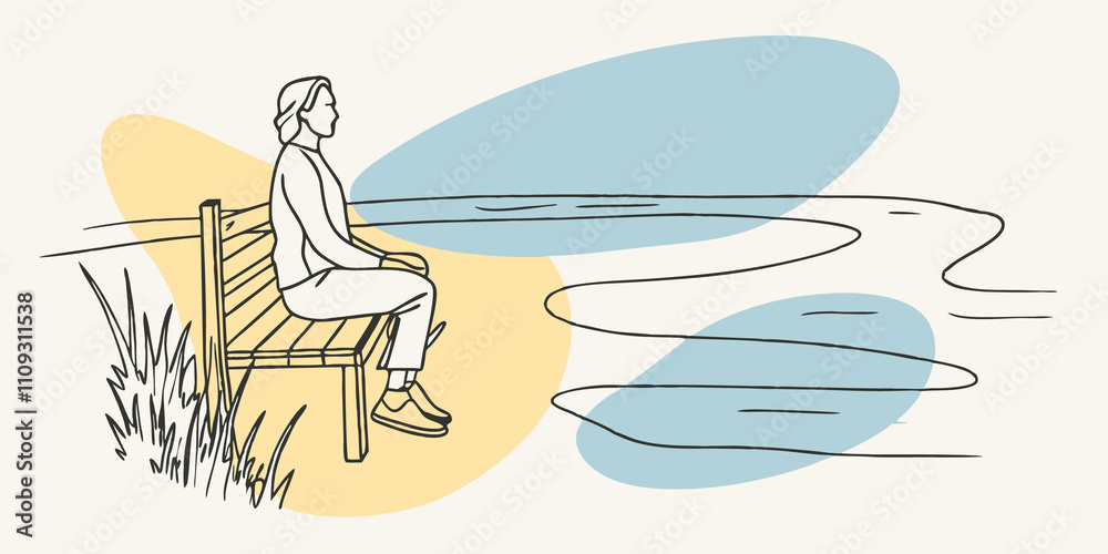 Poster Sitting in Stillness A person is seated on a small bench positioned near the stream their feet lightly touching the ground. With their hands clasped together in their lap their