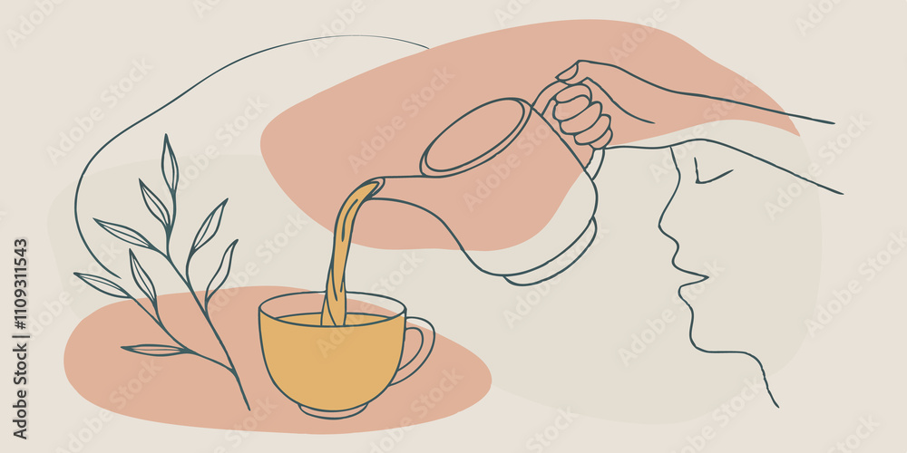 Poster sipping the tea finally with a calm expression the person pours the brewed tea into a rustic cup the