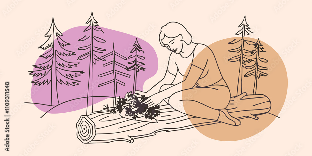 Poster sitting on a log a person rests on a fallen log sorting through a pile of freshly gathered herbs lik